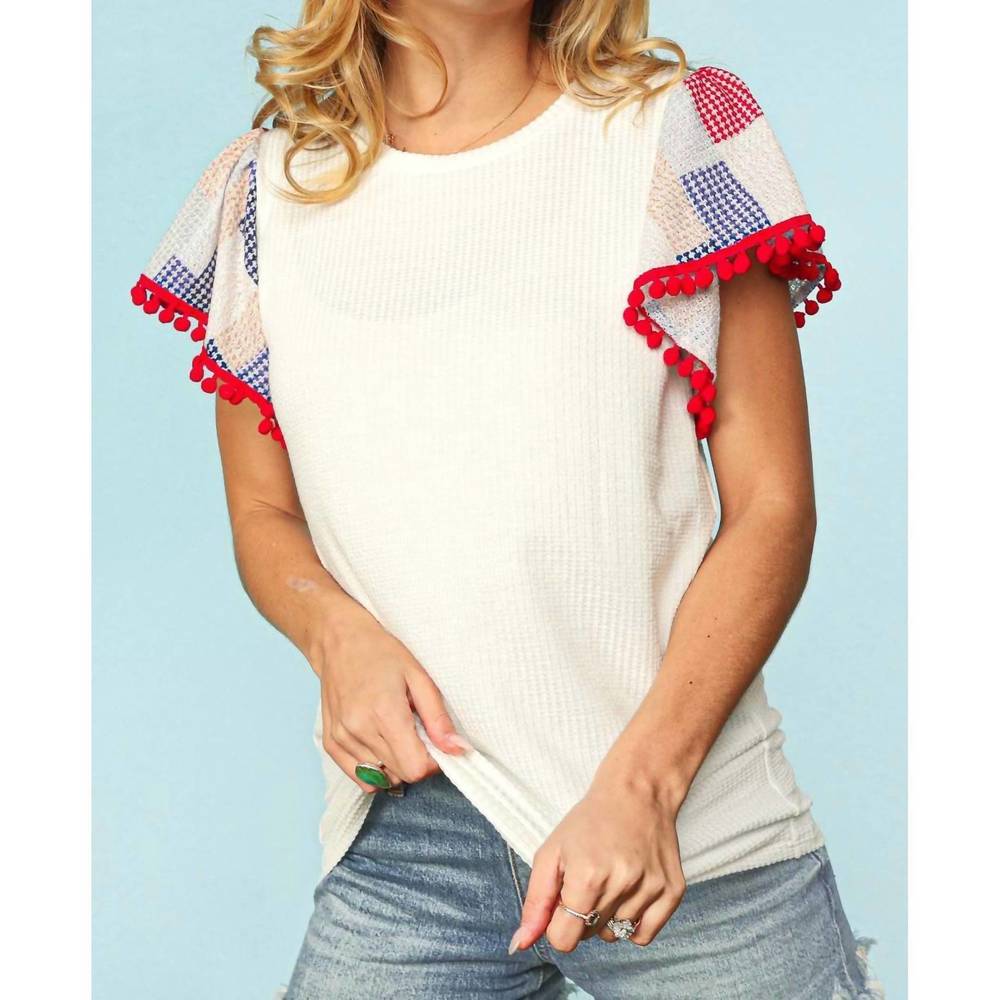 NEW HAPTICS patriotic patch work flutter sleeve top in white